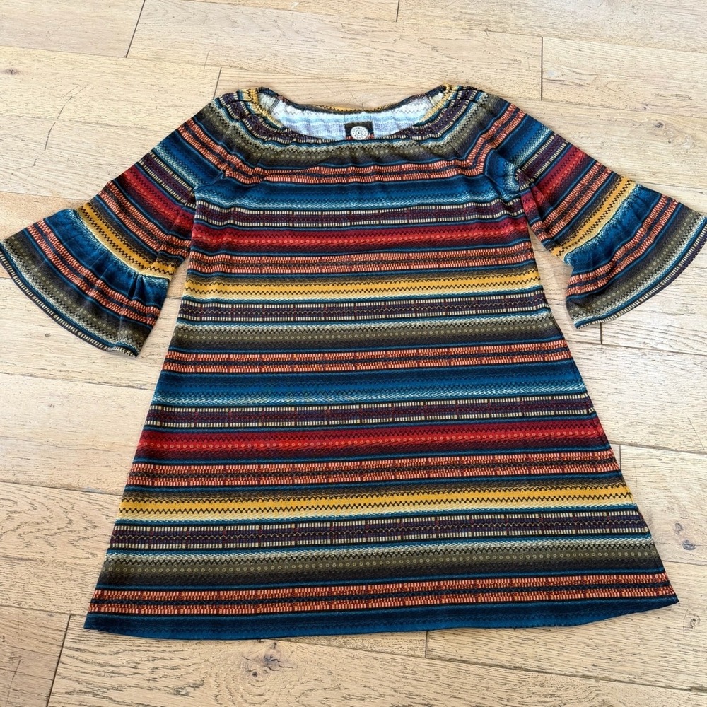 Double D Ranch Southwestern Stripe Bell Sleeve Knit Dress Top Blue Red L (993)
